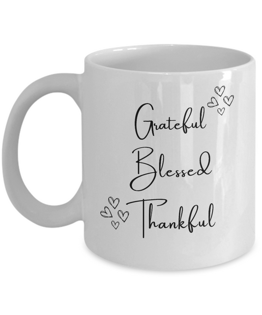 Grateful Blessed Thankful Mug 11 Ounce Ceramic Coffee Mug, Christian Mug, Empowering Women Gift Idea, Cute Coffee Mug Women Mother's Day, Christian Gift Mug, Thankful Cup, Thanksgiving, Mother, Daughter, Hearts